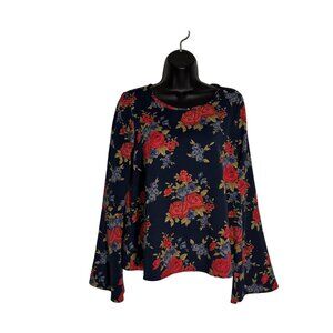 Floral Bell Sleeve Blouse Womens Keyhole Back Navy with Red Roses One Clothing M